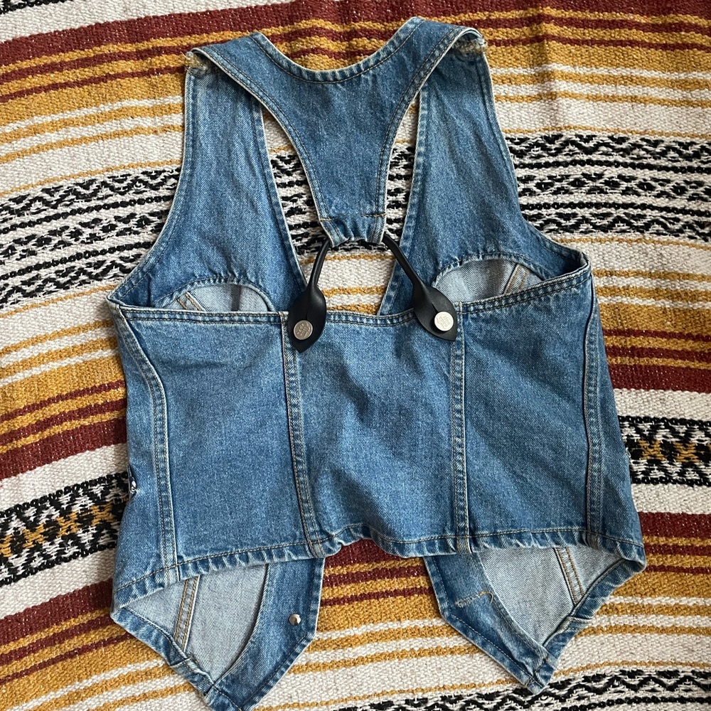 Vintage denim vest with black faux leather detail - grunge 90s Motorcycle style